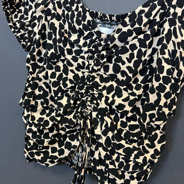 NWT H & M Leopard Ruched Front Bubble Sleeve Smocked Top Small