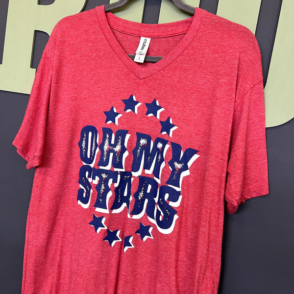 Tultex "Oh My Stars" Red V-Neck Graphic Tee Size Large