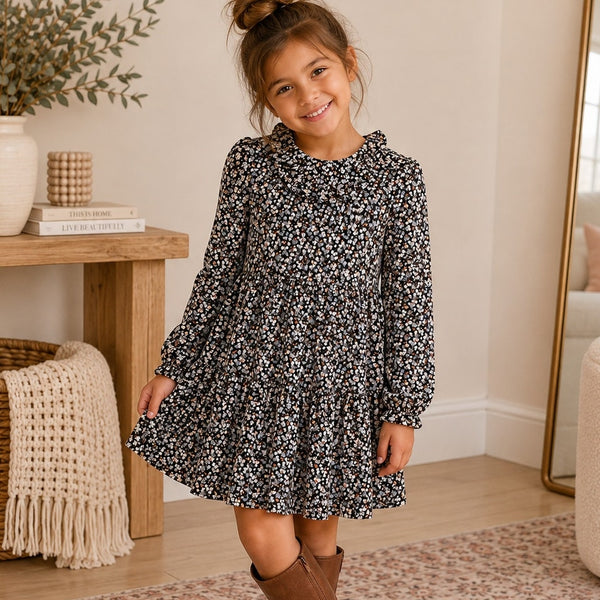 H&M Girls Navy Floral Tiered Mini Dress Size Youth 6X