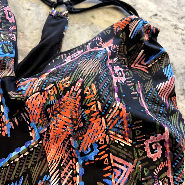NWT Time and Tru Mayan Black Orange Blue One Piece Swimsuit 2XL