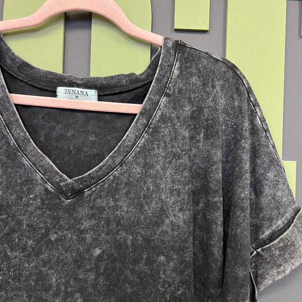 Zenana Black Acid Wash V-Neck Side Slit Tee Medium