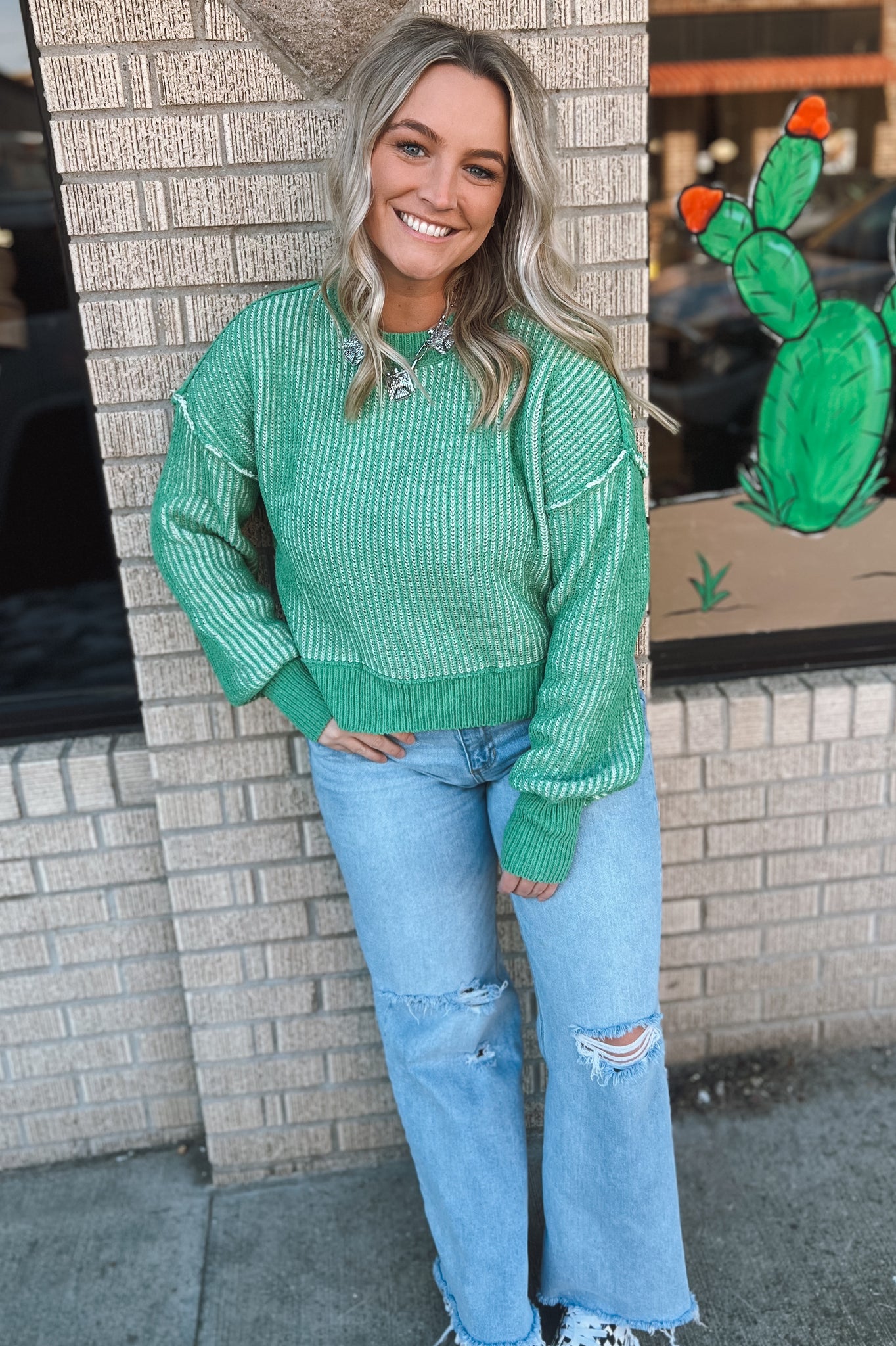 Two Tone Green Chunky Knit Sweater