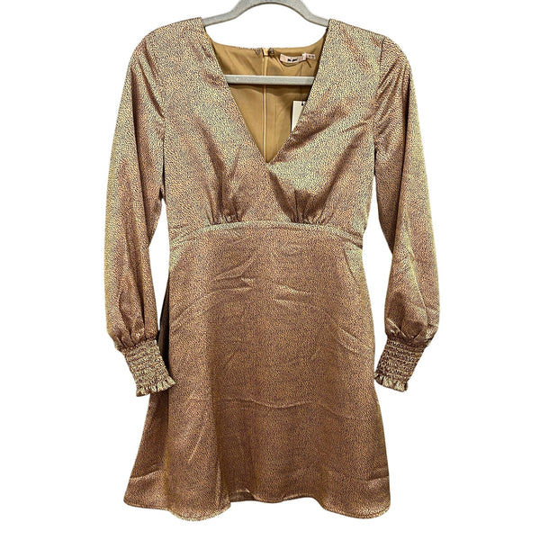 NWT Mi Ami Gold Satin V-Neck Dotted Bubble Sleeve Mini Dress XS