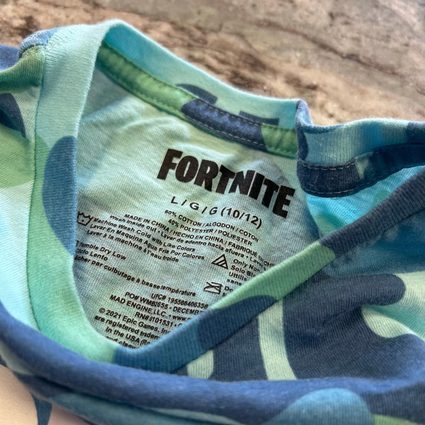 Fortnite Boys Green + Blue Camo Graphic Tee Youth Large 10/12
