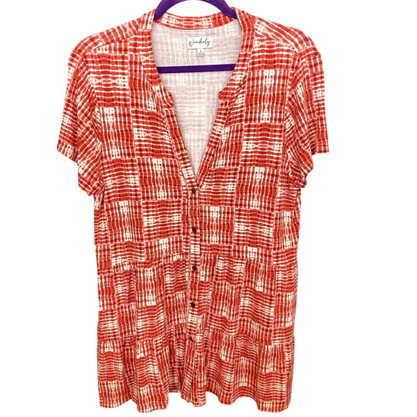 Wonderly Red + White Plaid Short Sleeve Blouse Women's Large