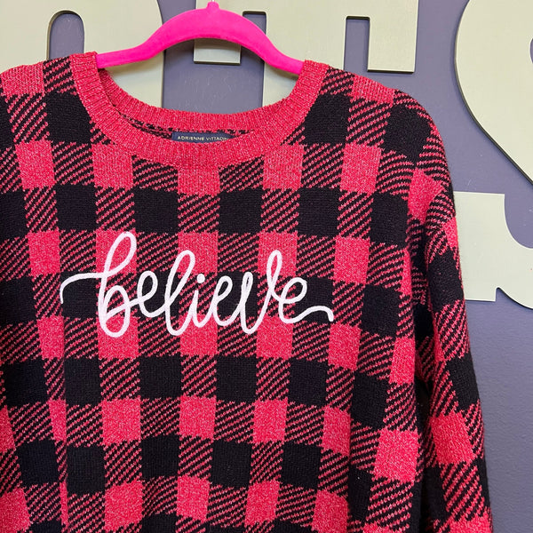 Adrienne Vittadini Red + Black Checkered Believe Christmas Sweater Medium