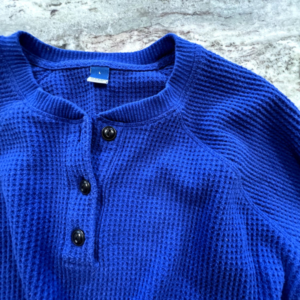 Old Navy Royal Blue Cropped Waffle Knit Quarter Button Top Size Large