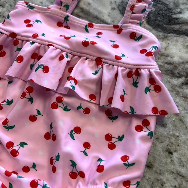 Baby Girls One Piece Pink Swimsuit Cherry Ruffle Size 6-9 Mo