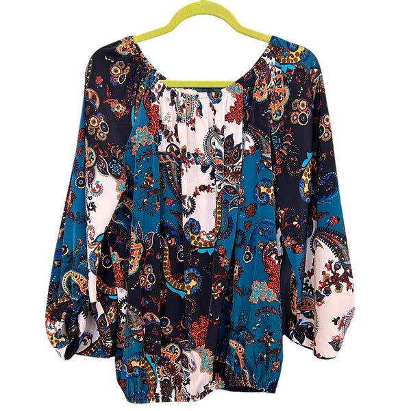 R. Rouge Paisley Turquoise + Ivory Off Shoulder Bubble Sleeve Blouse 1XL