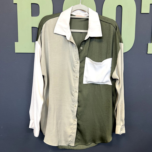 Evolutionary Green + White Color Block Button Down Top Size XL