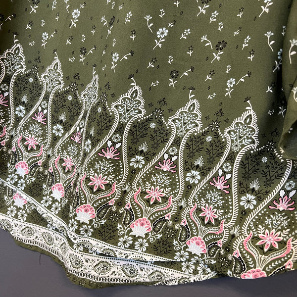 Pink Republic Floral Olive Green V-Neck Blouse Medium