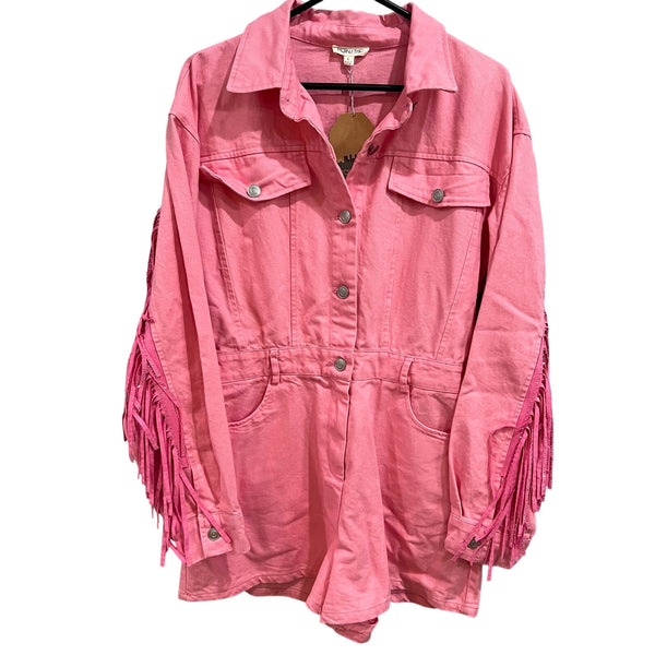 NWT BiBi Boutique Pink Denim Long Sleeve Fringe Romper Large
