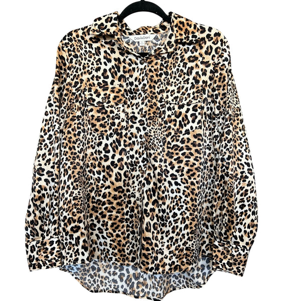 Davi & Dani Boutique Satin Leopard Button Down Blouse Small