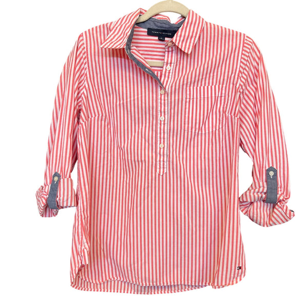 Tommy Hilfiger Red + White Striped Half Button Collared Top Medium