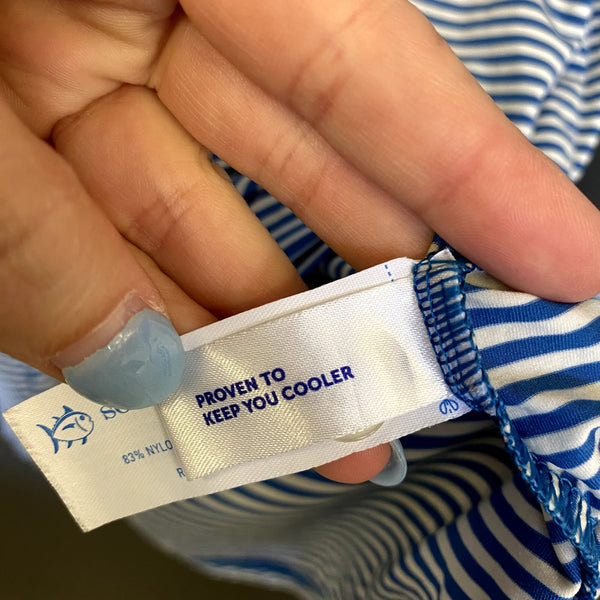 Southern Tide Performance Stretch Blue + White Stripe Short Sleeve Polo Shirt XL