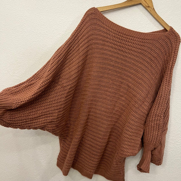 Women's Scoop Neck Dolman Sleeve Chunky Knit Brown Sweater Plus Size 2XL