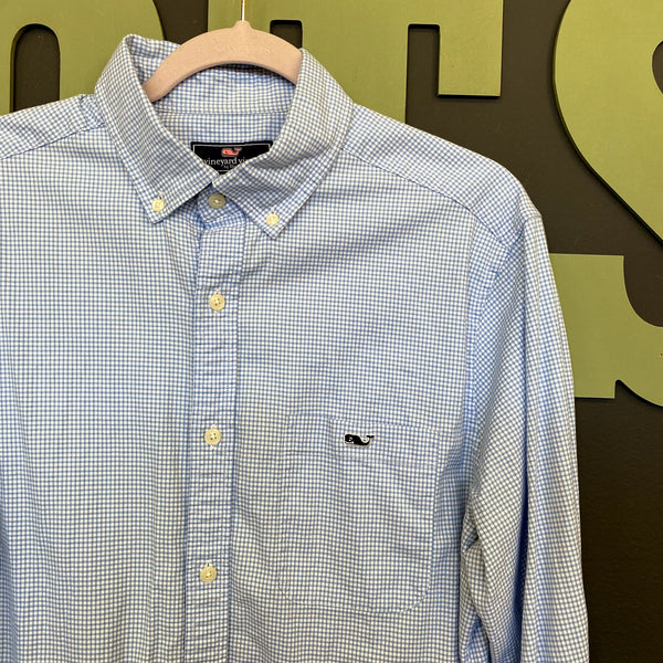 Vineyard Vines Classic Fit Tucker Plaid Blue + White Checkered Button Down Med