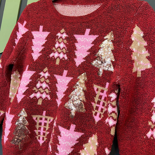 Women's Red Christmas Tree Stacked Sweater XS