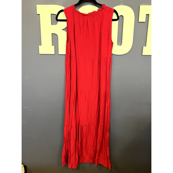 Women's Red V-Neck Sleeveless Tiered Maxi Dress Size Large