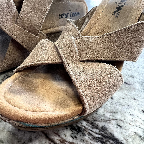 Minnetonka Aztec Wedge Open Toe Sandals Size 8