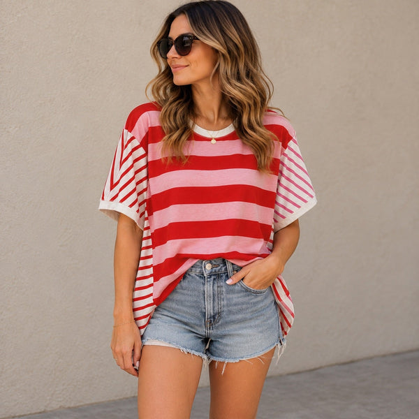 Women's Red + Pink Striped Tee Size XL