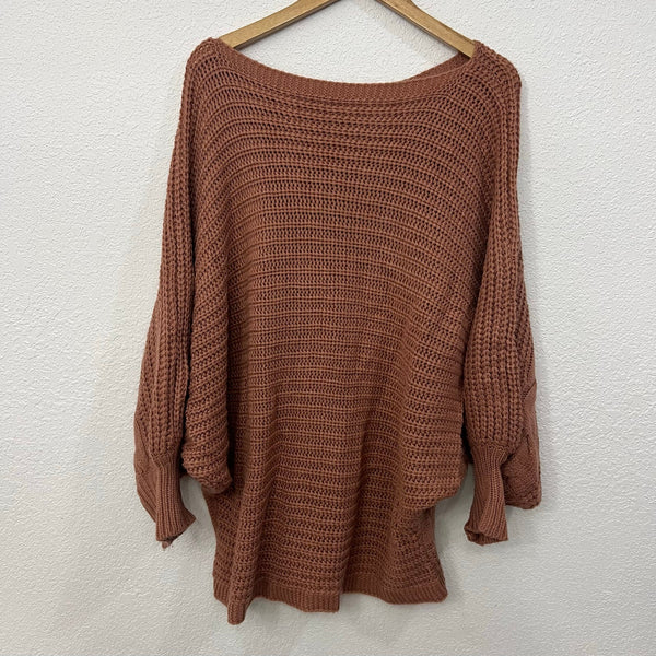 Women's Scoop Neck Dolman Sleeve Chunky Knit Brown Sweater Plus Size 2XL