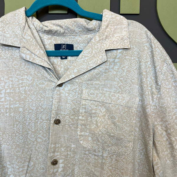 George Men's Light Blue + Tan Aztec Linen Button Down Large