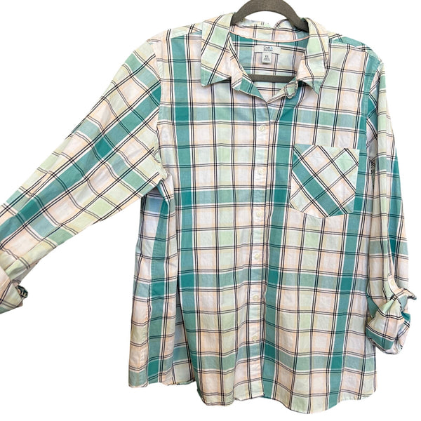 Croft & Barrow Women's Button Down Teal Checkered Blouse XXL
