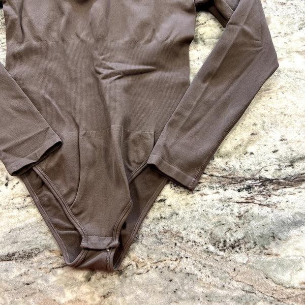 Women's Ribbed Brown Square Neck Tummy Control Bodysuit Size Medium