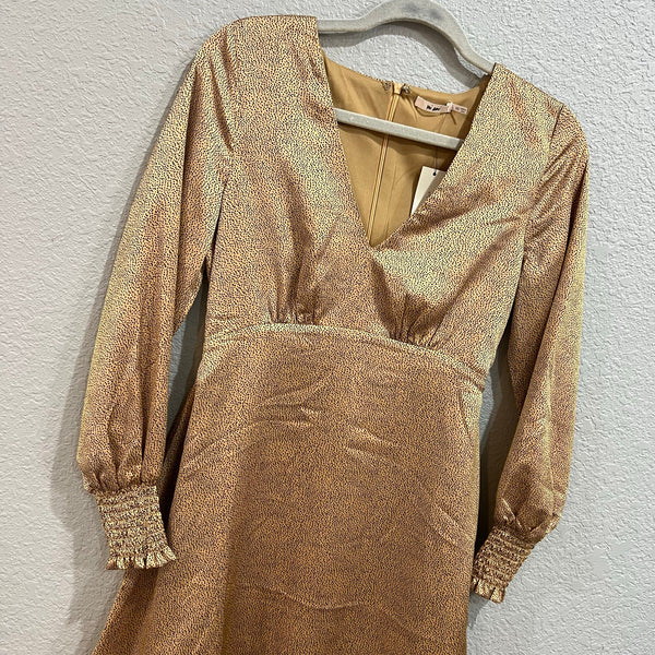 NWT Mi Ami Gold Satin V-Neck Dotted Bubble Sleeve Mini Dress XS
