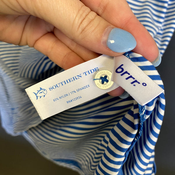 Southern Tide Performance Stretch Blue + White Stripe Short Sleeve Polo Shirt XL