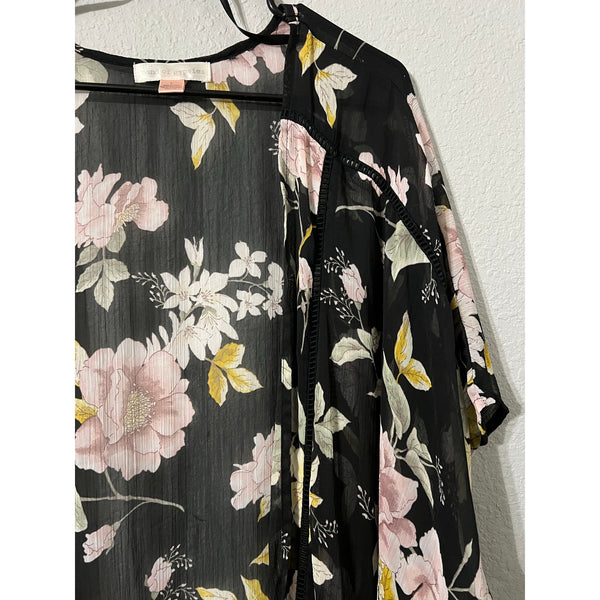 Band of Gypsies Black Floral Open Front Kimono Size Large