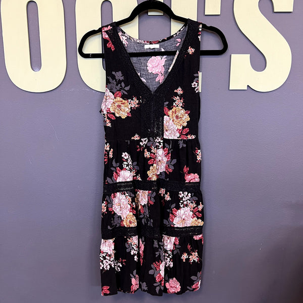 Maurice's Black Floral V-Neck Mini Dress Size Medium