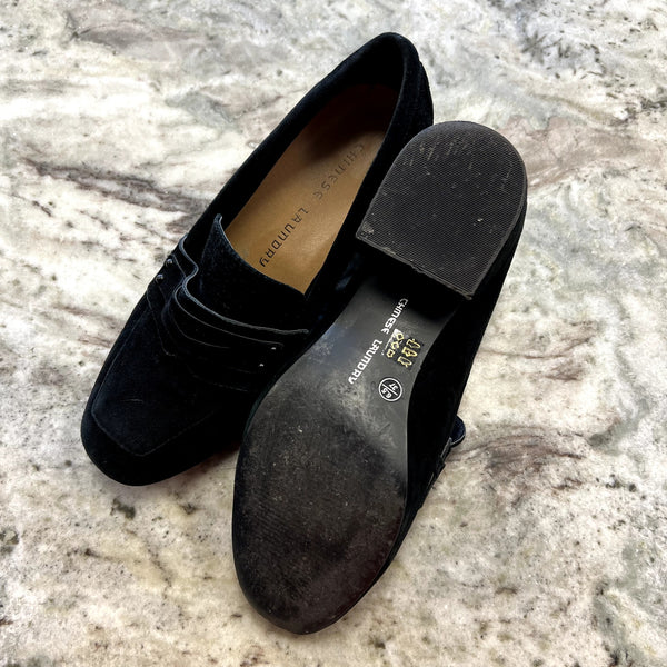 Chinese Laundry Marilyn Black Suede Loafers Block Heel Size 6.5