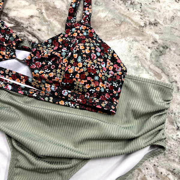 Women's Floral Ribbed High Waist Bikini Large