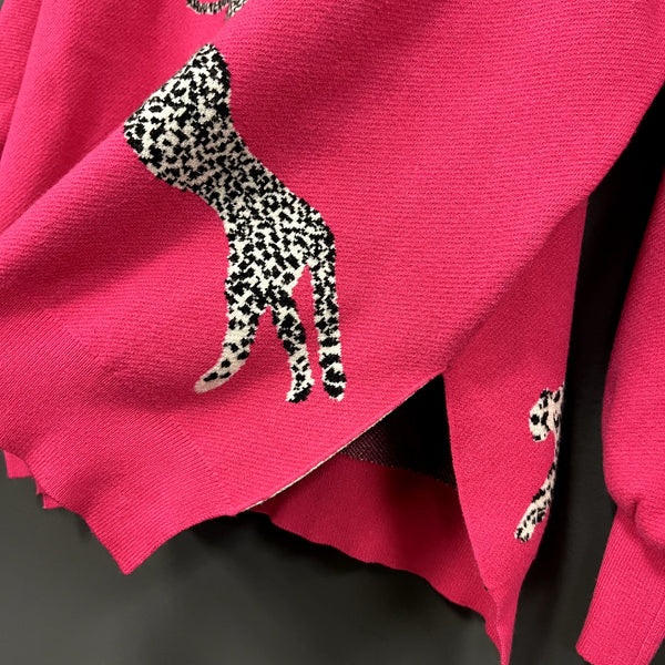 She + Sky Boutique Hot Pink Leopard Oversized Sweater Small