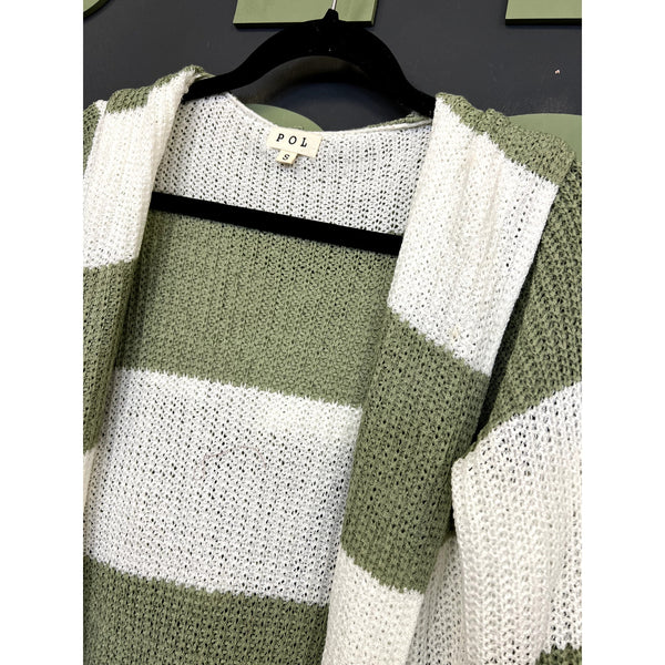 POL Sage + White Striped Hooded Knit Cardigan Size Small