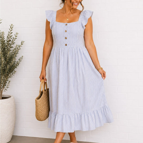 Women's Blue + White Pinstripe Midi Dress Size 3XL