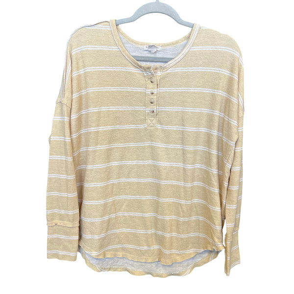 Billabong Cozy Yellow + White Striped Henley Top Large