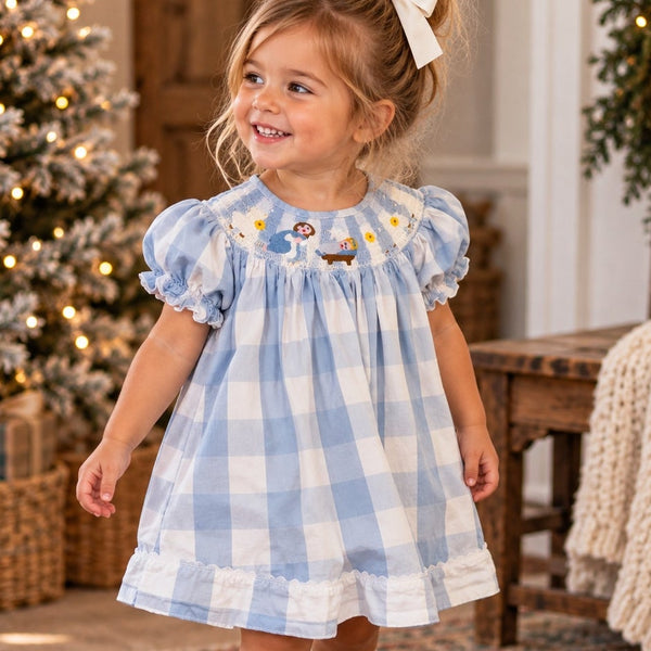 Lil Cactus Blue Plaid Smocked Christmas Dress Size 3T