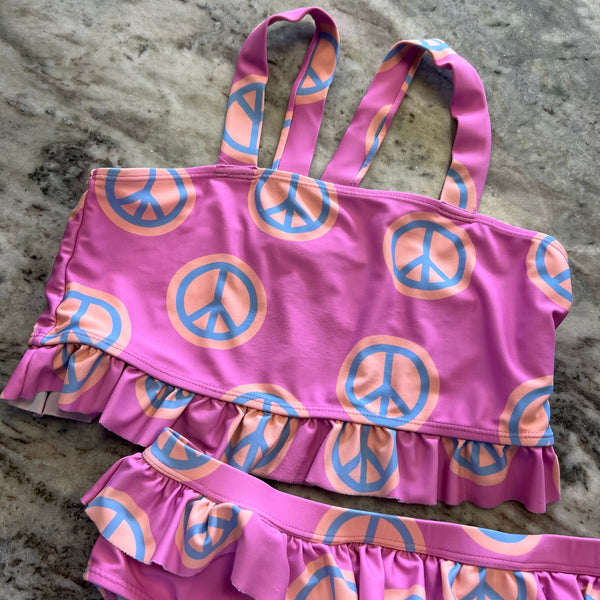 Cotton On Kids Pink Peace Ruffle Bikini Swimsuit Size 13/14
