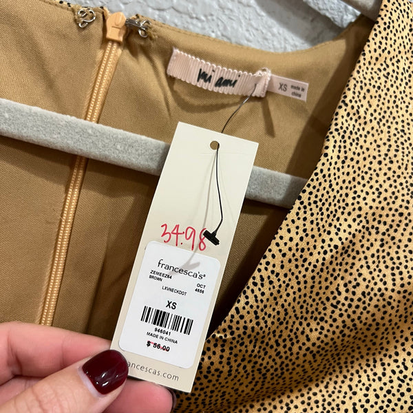 NWT Mi Ami Gold Satin V-Neck Dotted Bubble Sleeve Mini Dress XS