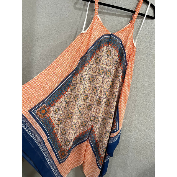 Luxology Blue + Orange Spaghetti Strap Flared Midi Dress Size 10