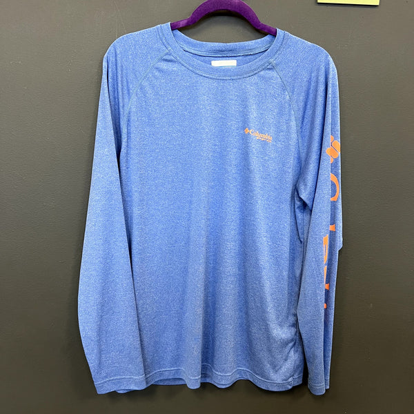 Colulmbia PFG Light Blue + Orange Moisture Wicking Long Sleeve Fishing Shirt Med