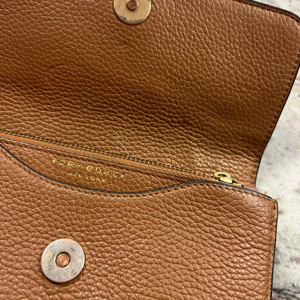 Authentic Tory Burch Britten Mini Top Handle Bag Camel Brown Pebbled Leather