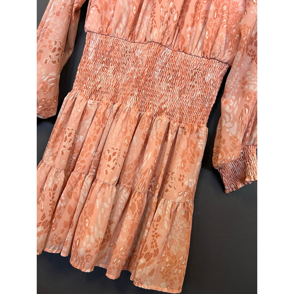 Flying Tomato Smocked Pink Long Sleeve Animal Print Ruffle Mini Dress Large