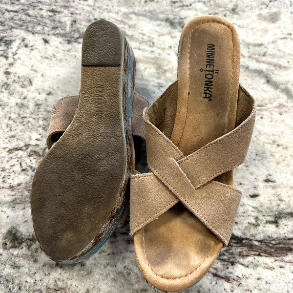Minnetonka Aztec Wedge Open Toe Sandals Size 8