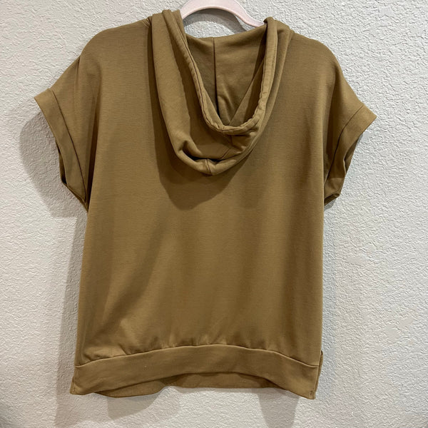 Brown Hooded Short Sleeve Quarter Button Top Medium