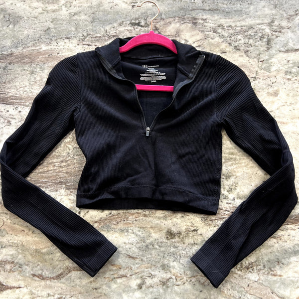 No Boundaries Women's Black Ribbed Crop Half Zip Workout Top Size Small