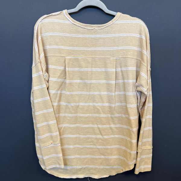 Billabong Cozy Yellow + White Striped Henley Top Large